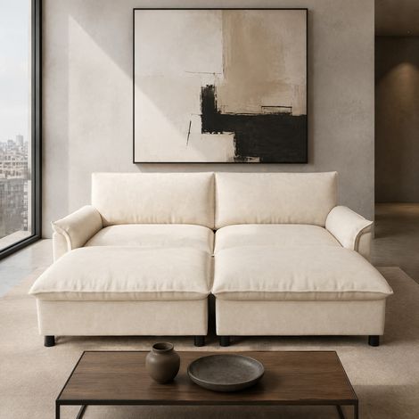 Sofá modular 216x77x82 cm beige de chenilla, con puff móvil con almacenaje y función cama auxiliar (1/5)