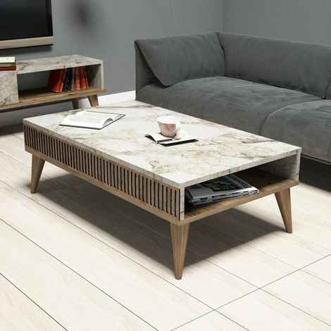 Dmora - Mesa de café Capricorn, Mesa de centro baja, Revistero para sofá, Estante de la sala de estar, 105x60h35 cm, Nogal y Blanco, con embalaje reforzado (1/4)