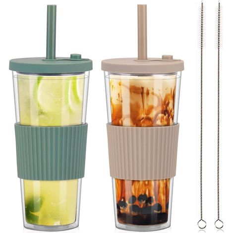 2er Set Bubble Tea Becher 730ml doppelwandig isoliert mit Deckel & Strohhalm (1/5)