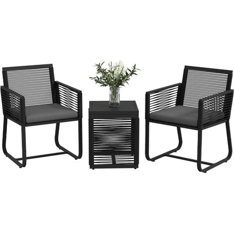 Ensemble bistro 3 pièces pour balcon et terrasse résistant aux intempéries design moderne noir et gris, dimensions 53 × 57 × 77 cm (1/5)