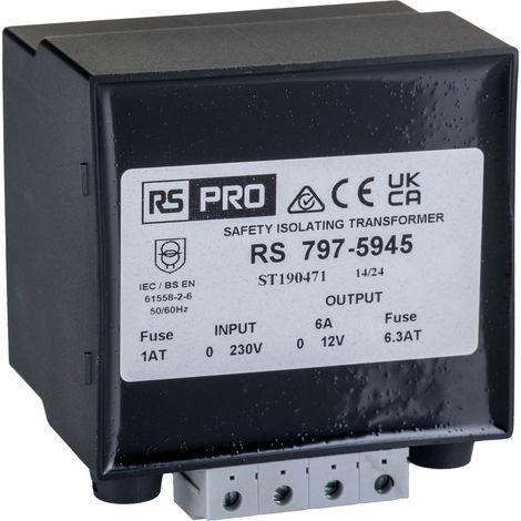 Transformateur rail DIN, Vin 230V c.a., Vout 12V c.a., 72VA, sorties ( Prix pour 1 )