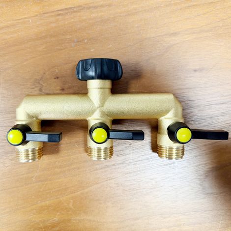 Robinet distributeur d'eau 3 voies laiton massif 3/4", avec 2 raccords réduction 3/4" vers 1/2", polyvalent machine à laver, tuyaux arrosage jardin, usage intérieur/extérieur