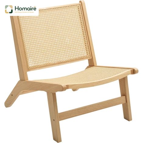 HOMAIRE Sessel Relaxsessel sans accoudoir avec dossier en rotin et cadre en bois, chaise de lecture pour salon et chambre en bois naturel