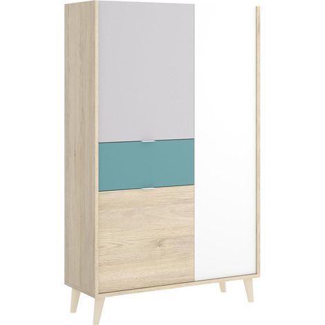 Pegane – Armoire placard meuble de rangement naturel émeraude – Longueur 81 cm x Hauteur 137 cm x Profondeur 43 cm – Charnières métalliques et tiroir coulissant