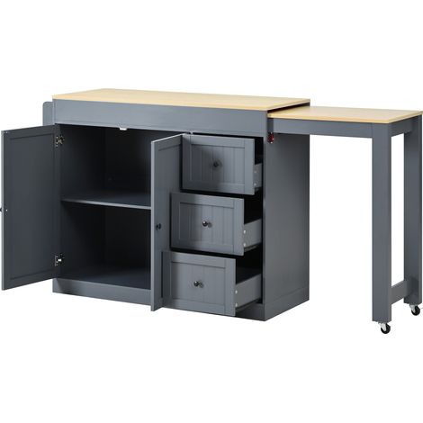 Îlot de cuisine mobile avec plateau coulissant, étagères et tiroirs, gris, pour cuisine et salle à manger (1/5)