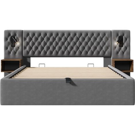 Lit coffre 180x200 cm avec 2 tables de chevet, éclairage de lecture USB C, gris HOMVRA (1/5)