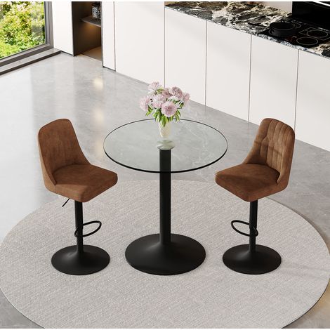 Ensemble table de bar 89 cm en verre avec 2 tabourets pivotants en tissu marron (1/5)