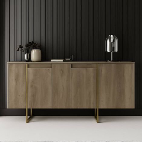 Dmora - Credenza Arta, Buffet da soggiorno, Madia da salotto, Dispensa da cucina, 160x35h80 cm, Noce e Oro