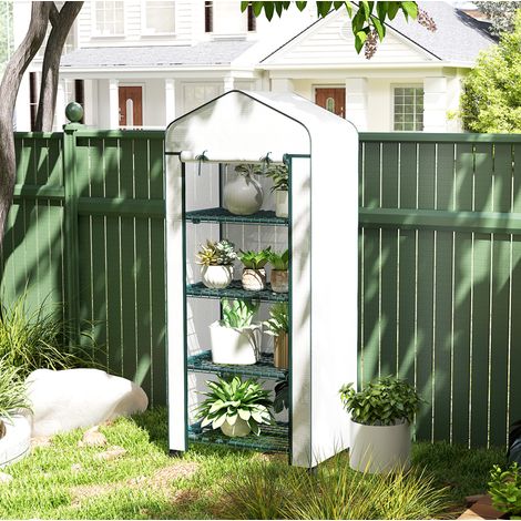 Serra da giardino compatta 69x50x165 cm, con 4 ripiani, porta avvolgibile, acciaio, bianco (1/5)
