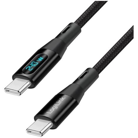 LogiLink Cable de conexión USB 2.0 tipo C (macho/macho), un datos de 480 Mbit/s, PowerDelivery hasta 240 W, con pantalla, revestimiento de nailon, color: negro, longitud: 1 m