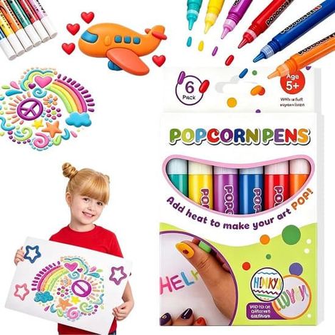 Kit de démarrage 6 stylos 3D - Stylos 3D pour enfants - Feutres 3D en relief - Stylos magiques - Effet popcorn magique - Loisirs créatifs pour enfants - Kit de peinture - 6 pièces