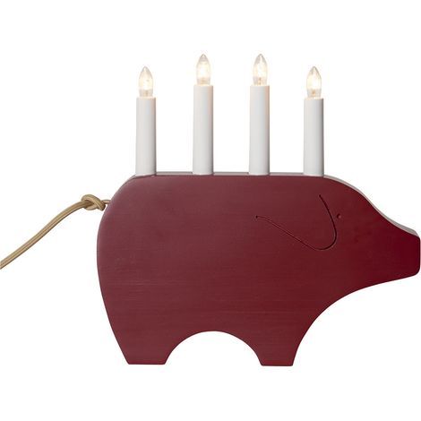 Star Trading Chandelier Gry, cochon, lampe de décoration, rouge, 4 flammes, bois, 28,5cm