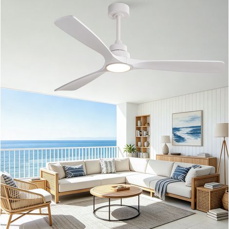 Ventilatore da soffitto 60 pollici a 3 pale in legno, LED regolabile, telecomando, motore DC reversibile, bianco (1/5)