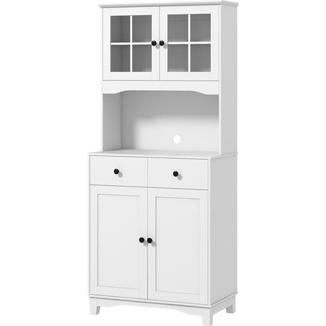 Mueble de cocina mueble alto con estante para microondas, 2 armarios, 2 cajones, vitrina con estantes ajustables, protección contra inclinación, mueble buffet para salón, comedor, blanco