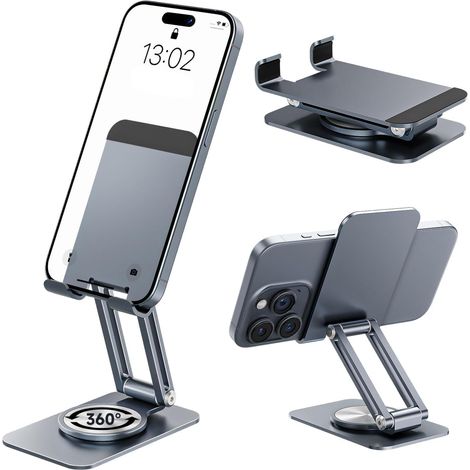 Support Téléphone Bureau 360° Réglable, Phone Stand Pliable en Alliage d'alu, Support de Telephone pour Smartphone, Tablette, Support Smartphone avec Tapis Antidérapant en Silicone, Grise (1/5)