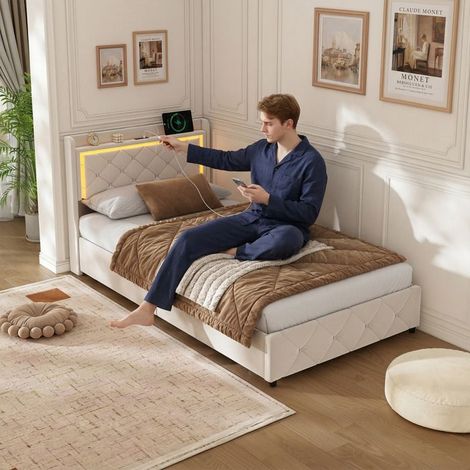 Bett 90x200 cm mit Lattenrost - RGB LED-Beleuchtung - USB- und Typ-C-Anschluss - Einzelbett - Beige Samt