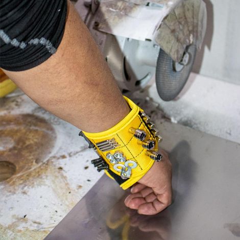 Bracelet porte-outils magnétique jaune avec aimants puissants, bracelet ajustable pour le bricolage, la réparation et la rénovation (1/5)