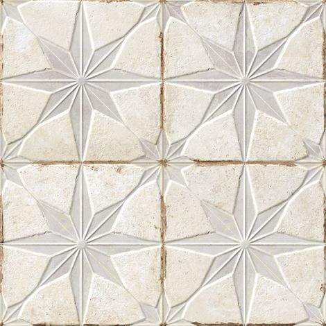 Carrelage Vintage effet Carreau ciment 3D Etoile Blanche et Fond Blanc 22,3x22,3x0,9 cm Sparta - Sol et mur intérieur (vendu par carton de 0,65 m²) - RO'MA CARRELAGE