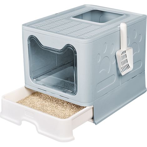 Katzentoilette mit Abnehmbarem Tablett,Streuschaufel,41×51×38cm,frisches Blau