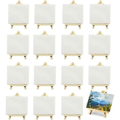 Lot de 16 mini toiles tendues 10 x 10 cm avec chevalet, idéales pour les activités artistiques des enfants. (1/4)