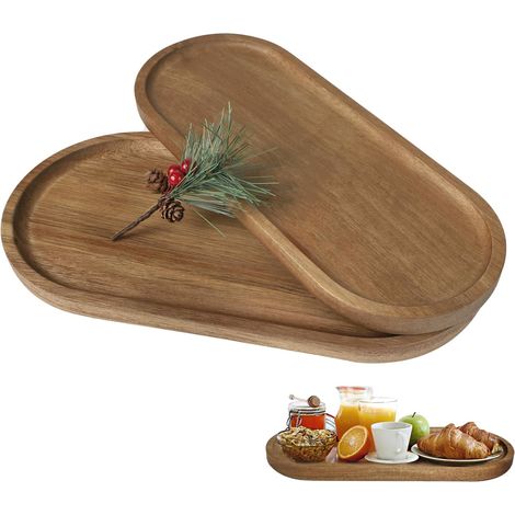 Lot de 2 Plateaux en Bois Acacia 30x15cm et 30x12cm Ovale Décoratif Fruits Gâteaux Salon Cuisine