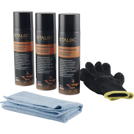 Staloc Orangenreiniger Set - Reinigungsmittel zum Reinigen und Entfetten empfindlicher Oberflächen, ideal als Etikettenentferner, 3x Orangen Reiniger + 1x Mikrofasertuch (1/5)
