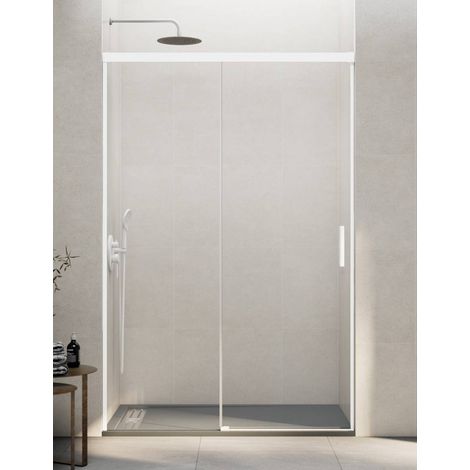 BASIC sliding shower door with fixed panel, 120 cm, clear glass, white finish (1/5)