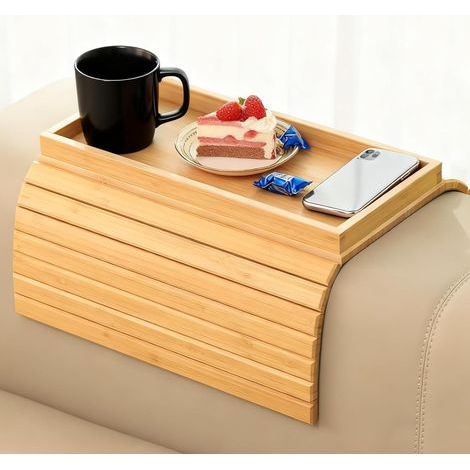 Plateau D'accoudoir Pliable en Bois Antidérapant, pour Canapé, Dossier Ou Accoudoir, Convient également comme Table D'appoint Ou pour Fauteuil, Idéal pour Poser des en-Cas, UnBoisson Ou Une Tasse (1/5)