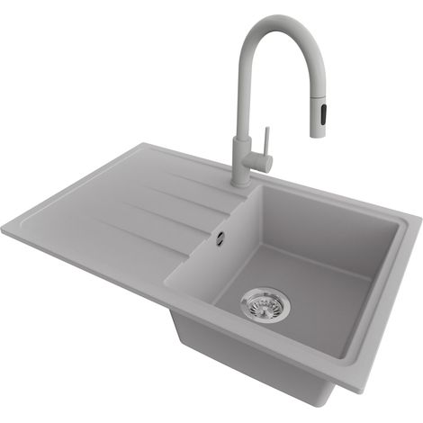 PRIMAGRAN Evier Cuisine en Granit 78x50cm,Lavabo 1 bac + Robinet 40x20cm + Kit de Vidage, Évier à Encastrer au meuble 45cm - Milan, Gris (1/5)