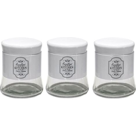 Tris barattoli bianco contenitori porta sale zucchero caffè per casa cucina vetro e latta moderno e vintage ml 700 (1/5)
