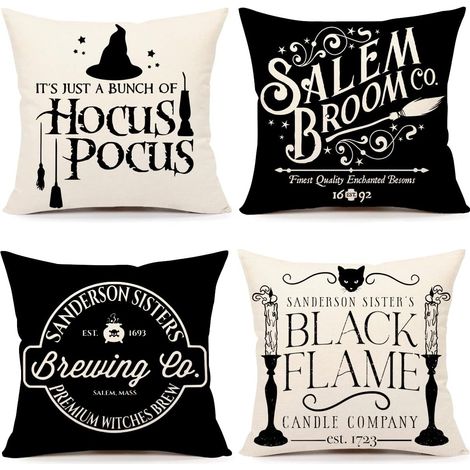 Juego de 4 fundas de cojín decorativas de Halloween con diseño rústico en blanco y negro. (1/5)