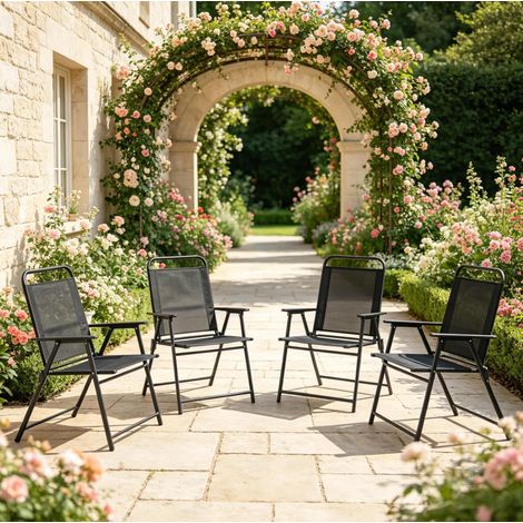 Set di 4 sedie da giardino pieghevoli 65x60x94 cm in acciaio e textilene nero FloraGrace (1/5)