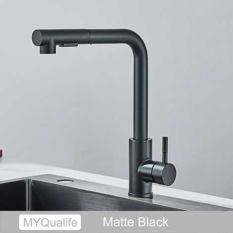 Livraison gratuite. Robinet de cuisine extractible noir, deux modèles de douchette, mitigeur eau chaude/eau froide en acier inoxydable. (1/5)