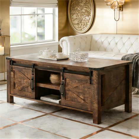 Table Basse Relevable en Bois Style Farmhouse 48", Porte Coulissante Grange, Rangement Caché & Étagère Réglable, Table Centre Salon/Bureau, Panneau de Particules - Reclaimed Barnwood (1/5)