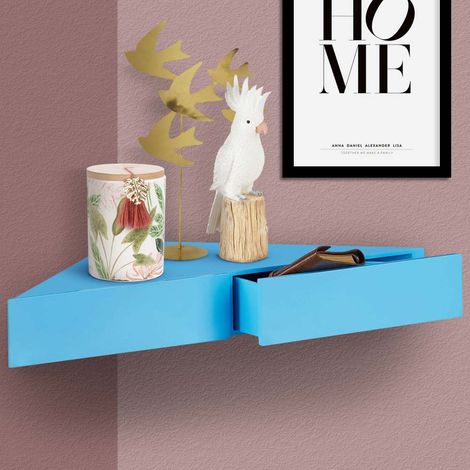 Mensola Doppio Cassetto Angolo Sospeso Parete Scaffale Angolare Legno MDF Blu (1/5)