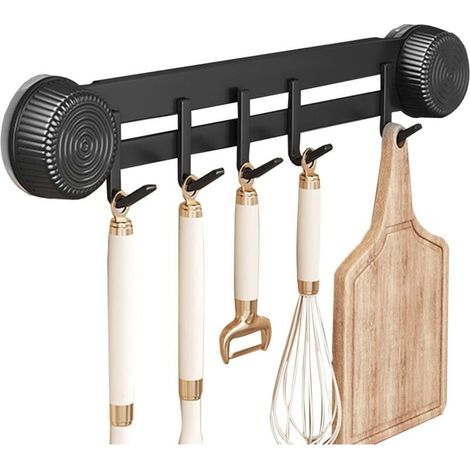 Porte Ustensiles Cuisine Mural, Etagere Murale Cuisine avec 5 Crochets, Support Ustensile Cuisine, Rangement Ustensiles Cuisine pour Suspendre Cuillères Spatules, Métal, 1 Pièces, Noir (1/4)