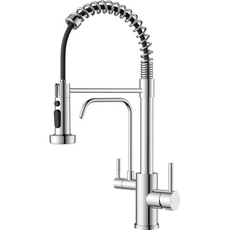 Robinet Cuisine 3 Voies avec Sortie Séparée pour Eau Filtrée, Mitigeur Inox 2 en 1 avec Douchette Extractible, 3 Modes de jet, 2 Leviers, Pivotant à 360°, Chrome Poli (1/5)