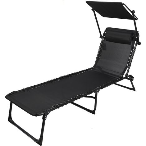 Set aus 2 Sonnenliegen mit Sonnenschirmablage und Kissen – 187x56x85 cm – Schwarzes Metall – Schwarzes Tuch