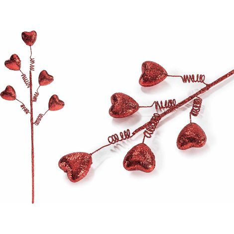 Rami decorativi artificiali e modellabili con cuori rossi glitterati, perfetti per allestimenti di San, set da 20 pezzi, cm 20 H (con gambo 39)