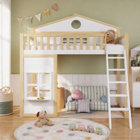 Kinder-Hausbett mit Treppe, 90 x 200 cm, 4-seitiger Schutz, weiß und natur HAVRYA (1/5)