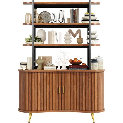 Küchenbuffet mit Schiebetüren und 4 Offenen Regalböden, Metallfüßen, MDF, Holzoptik, 120 x 40 x 183 cm (1/5)