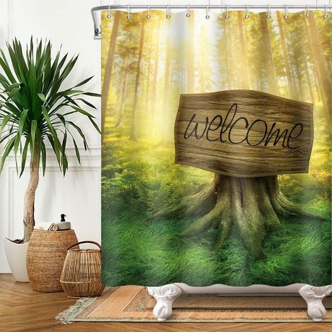 122x183cm La Magie Forêt Rideau de Douche Fantaisie L'herbe Verte, Arbre, Feuilles Ensoleillé, Royaume des Fées, Jungle Pour Enfant Salle de Bain Avec Crochets (1/5)