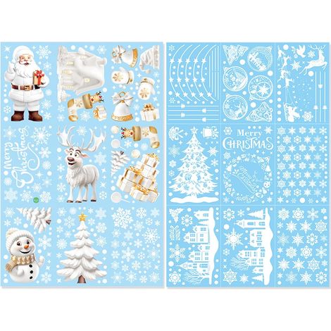 Blanc，18 Feuilles Autocollants de Fenêtre de Noël, 434 Stickers Noel Fenetre Réutilisable, PVC Autocollant Noel Fenetre, Flocons de Neige Père Noël, Renne, pour Magasin, Maison, École (1/5)