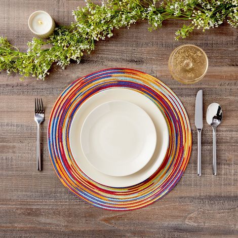 Set mit 8 farbenfrohen, runden Platzsets, regenbogenfarbene, geflochtene Platzsets für die Küche, 38 cm