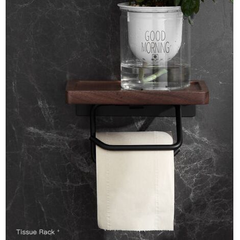 Porte-papier hygiénique sans perforation Porte-serviettes mural en bois massif de toilette de luxe léger (porte-serviettes en papier concave noir de 20 cm de long sans poinçonnage) (1/4)