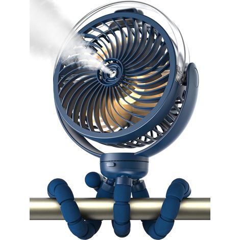 Ventilatore per passeggino, batteria da 6000 mAh, con luce, girevole a 360°, treppiede flessibile, per neonati, scrivania, viaggio, tapis roulant, esterno, blu scuro
