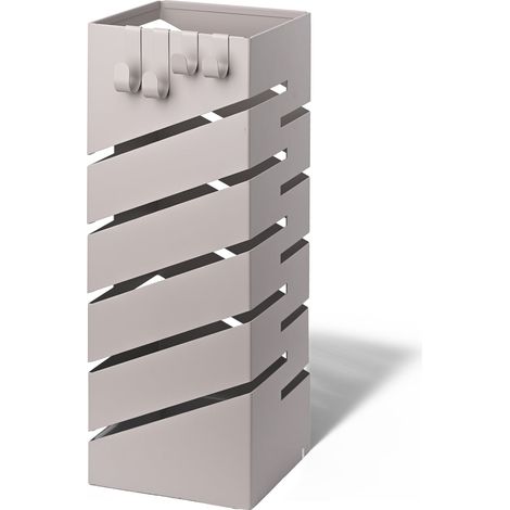 VOUNOT Metal Umbrella Stand, Freestanding Holder with Drip Tray & 4 Hooks, Diagonal Pattern, Beige