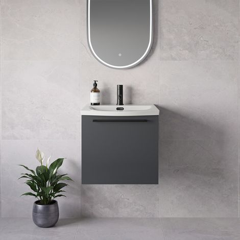 Napoli 390 Gloss Grey 500mm Wall Mounted Single Drawer Vanity Unit with Arc Basin - 500mm - Matt Black 320mm Handle