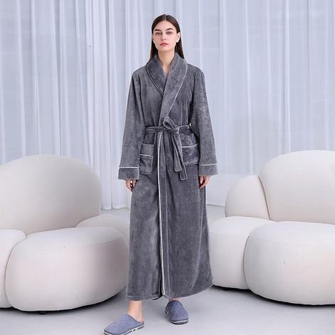 Accappatoio unisex, accappatoio in flanella extra lungo e spesso per uomo e donna, in morbido pile di corallo (microfibra), ad asciugatura rapida, con tasca (1/5)