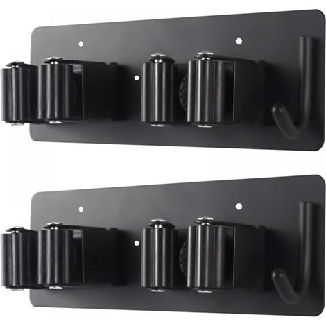 (Pack de 2) Porte - balai et vadrouille murale - support robuste en acier inoxydable avec crochet pratique idéal pour garage, cuisine, buanderie et salle de bains (1/5)